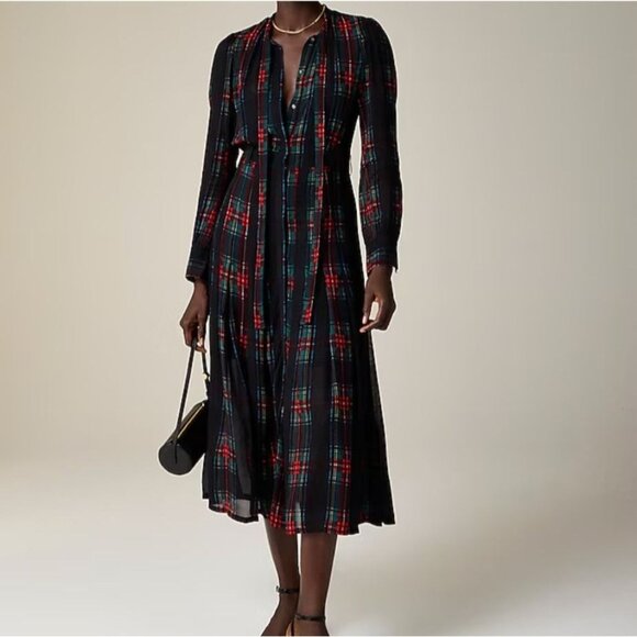 NWT J.Crew Sz S Tie-Neck Dress in Stewart Tartan Viscose Chiffon CF794 Red Black - Picture 1 of 14